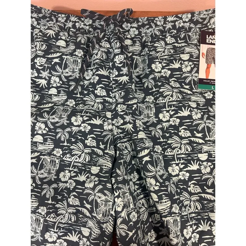 LANDS END Sz L Green Volley Swim Shorts dark green Tropical Liner Beach Vacation